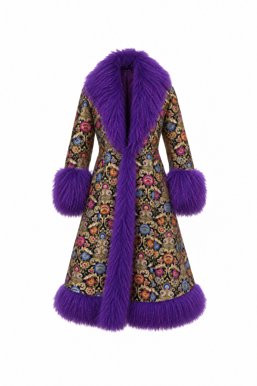 Back view of the PURPLE RAIN full-length silk brocade coat with a colorful floral pattern, oversized purple faux fur collar, cuffs, and hem trim.