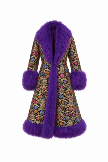 Back view of the PURPLE RAIN full-length silk brocade coat with a colorful floral pattern, oversized purple faux fur collar, cuffs, and hem trim.